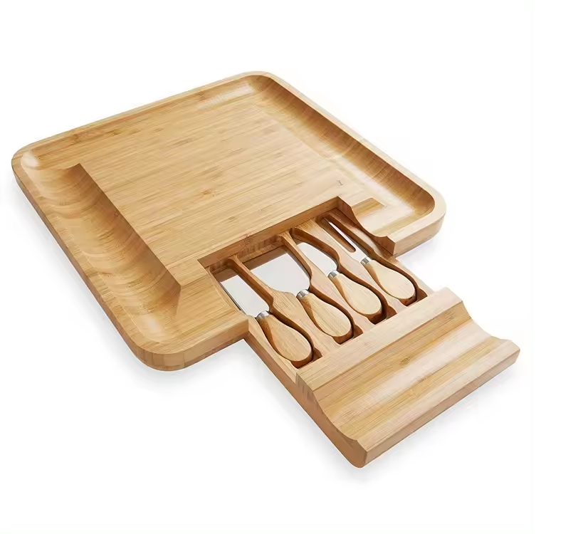 Tabla Para Quesos De Madera Bambú + 4 accesorios